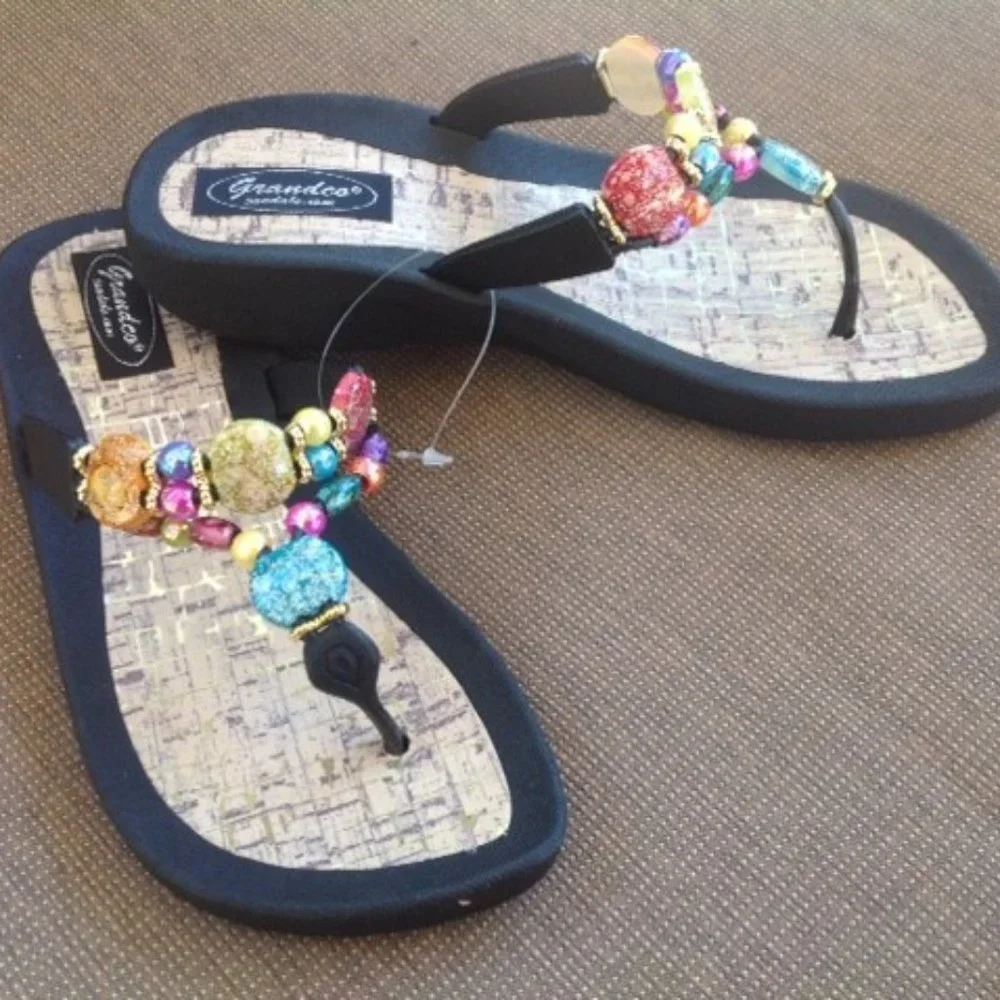 JEWELED BLACK MARBLE CORK FLIP FLOP SANDAL by Grandco - Picture 2 of 8